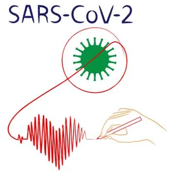 Human hand crosses the structure of coronavirus and draws cardiogram in the f Stock Illustration