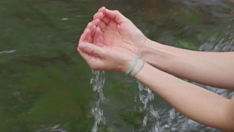 Human hand cupped to catch the fresh water from the lake, pure clean nature. Stock Footage 153651694
