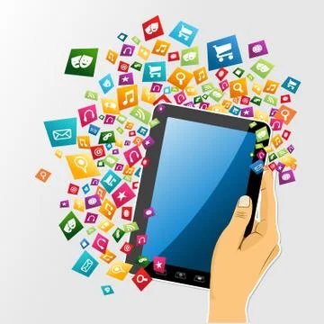 Human hand digital tablet pc app icons. Stock Illustration