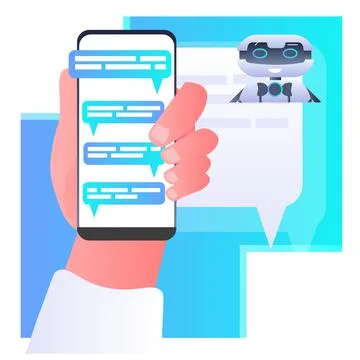 Human hand discussing with robot chatbot assistant voice messages audio chat Stockillustratie