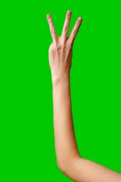 Human Hand Displaying the Number Three Against a Solid Green Background 库存照片