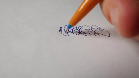 Human Hand Drawing Blue Ink Doodle with Orange Pen on White Paper Stock Footage 339365794