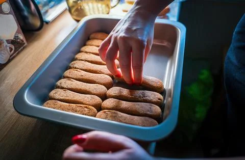 Human hand during a process of spreading lady fingers or spongecake in a tray Stock Photos