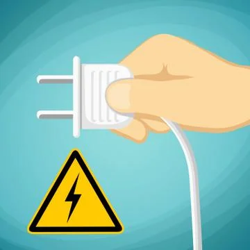 Human hand with an electric plug. Warning sign voltage. Stock Ve Stock-Illustration