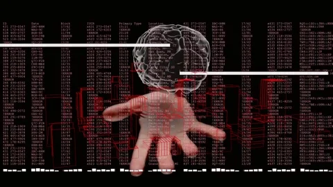 Human hand entering below, forming wireframe brain above palm, data columns Stock Footage 331161311
