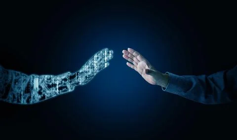Human hand facing digital twin hand glowing in blue light. Artificial intel.. Foto stock