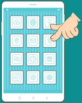 Human hand with fingers touching elements interacting with icons on mobile phone 스톡 일러스트