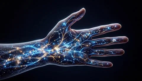 Human hand with glowing neural network system, futuristic technology connec.. Stock Illustration