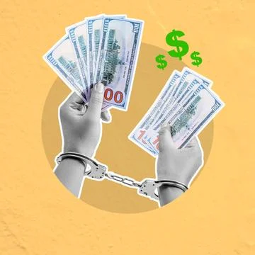A human hand with a handcuff holding one hundred dollars banknote money Stock Illustration
