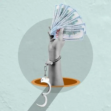 A human hand with a handcuff holding one hundred dollars banknote money Stock Illustration
