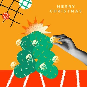 Human hand hold deco ball on christmas tree in collage retro 90s style vect.. Stock Illustration