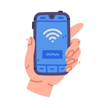 Human Hand Hold Smartphone Device with Wifi Vector Illustration Illustrazione stock