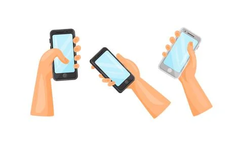 Human Hand Holding and Using Smartphone as Wireless Gadget with Sensory Display Stock Illustration
