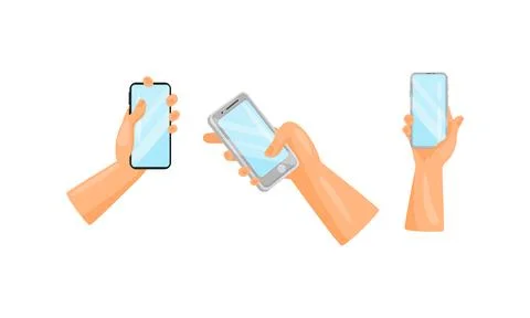 Human Hand Holding and Using Smartphone as Wireless Gadget with Sensory Display Stock Illustration