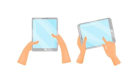 Human Hand Holding and Using Tablet PC as Wireless Gadget with Sensory Display Illustrazione stock