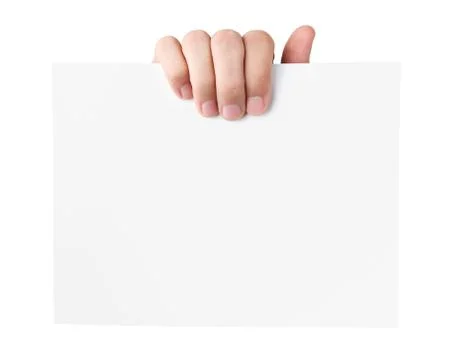 Human hand holding blank advertising card isolated on white background Stock Photos