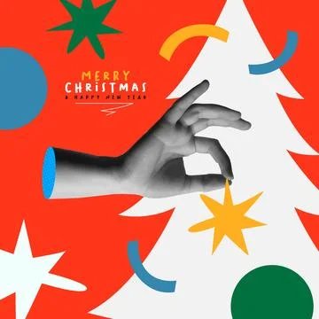 Human hand holding deco star on christmas tree in collage retro 90s style v.. Stock Illustration
