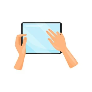 Human hand holding digital tablet and touching screen with fingers. Modern Illustrazione stock
