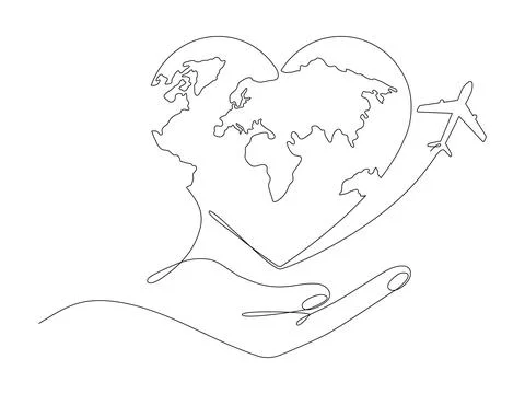 Human hand holding Earth with flying airplane continuous line art drawing. Stock Illustration