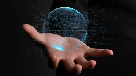 Human hand holding earth globe holographic technology Stock Footage 144396785