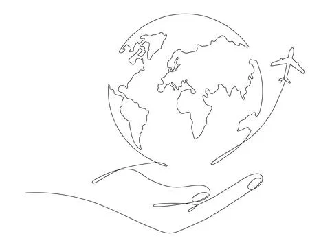 Human hand holding Earth globe with flying airplane continuous line art dra.. Stock Illustration