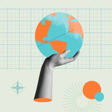 Human hand holding earth globe in collage retro style vector illustration Stock Illustration