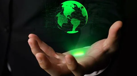 Human hand holding earth globe holographic technology Stock Photos