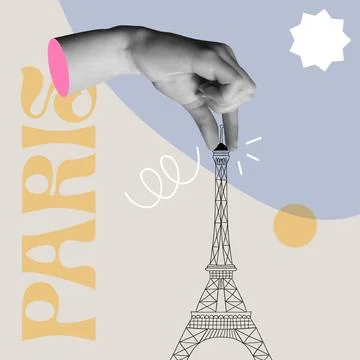 Human hand holding eiffel tower paris in collage retro style illustration Illustrazione stock