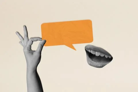 A human hand holding a empty speech bubble from a human mouth on a colored .. Stock Photos