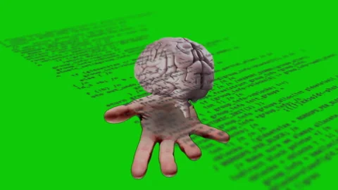 Human hand holding floating 3D brain model over green backdrop, code lines Stock Footage 309066948