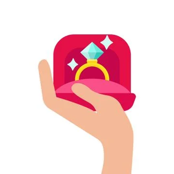 Human hand holding a gift box with engagement ring inside on white background Stock Illustration