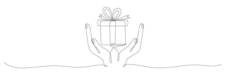 Human hand holding gift box continuous line. Stock Illustration