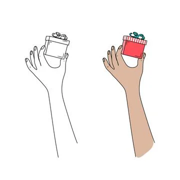 Human hand holding a gift box. Line art drawing. Illustrazione stock