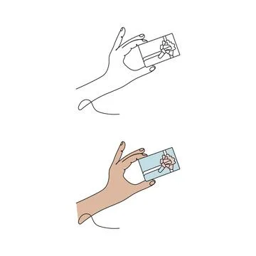 Human hand holding a gift box. Line vector art. Stock Illustration
