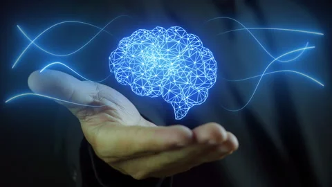 Human hand holding glowing virtual brain and connection line Stock Footage 258018875