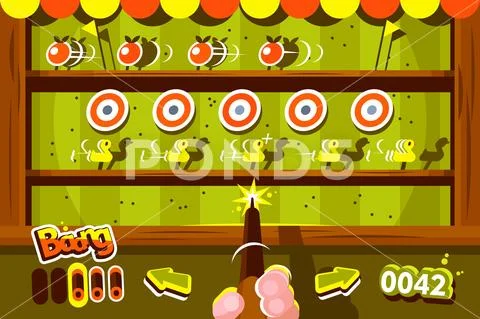 Human hand holding gun in shooting gallery. Stock Illustration