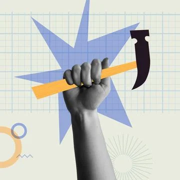 Human hand holding a hammer in retro collage vector illustration Illustration