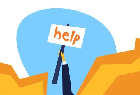 Human hand holding help placard mountain cliff abyss business salvation crisis イラスト素材