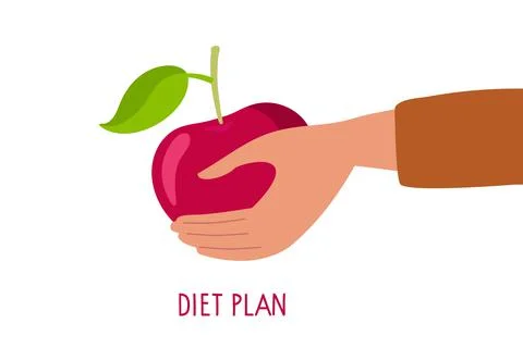 Human hand holding large red apple. Inscription Diet plan. Healthy lifestyle Stock Illustration