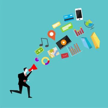 Human hand holding megaphone surrounded by media contents. Digital marketing  Stock Illustration