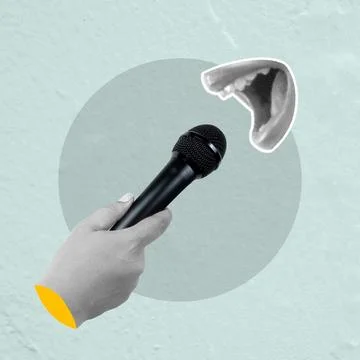 Human hand holding a microphone. Lips talking into a microphone Stock Illustration