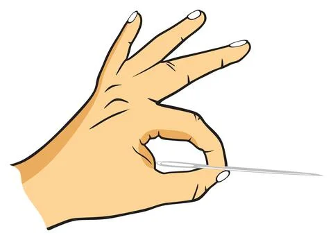 Human hand holding needle vector drawing on isolated background explode bubble Stock-Illustration