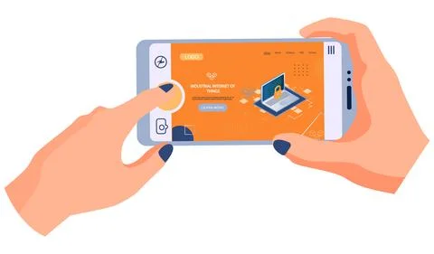 Human hand holding phone with webpage on topic of industrial internet of things Stock Illustration
