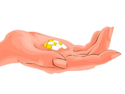 Human hand holding pill vector illustration in cartoon style Stock Illustration