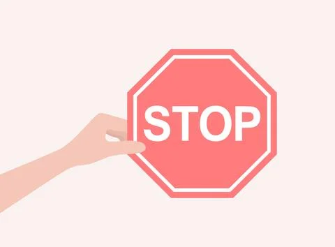 Human hand holding red stop road sign. Flat vector illustration Stock Illustration