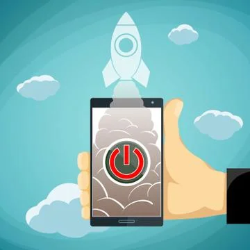 Human hand holding a smartphone with a button and a rocket. Stoc イラスト素材