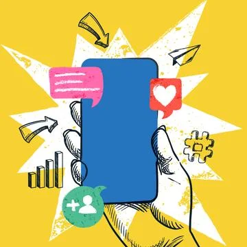 Human hand holding smartphone with message and social media icons. Communicat Stock Illustration