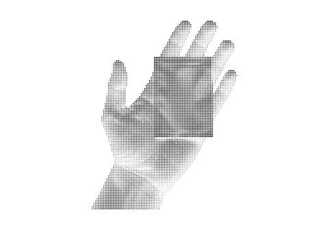 Human hand holding square object halftone dotted conceptual graphic illustr.. Illustrazione stock