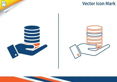 Human hand holding stack of coins flat and line style icons. Illustrazione stock