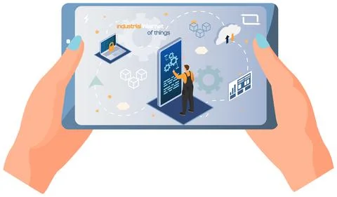 Human hand holding tablet with app showing modern technologies, male worker Illustrazione stock